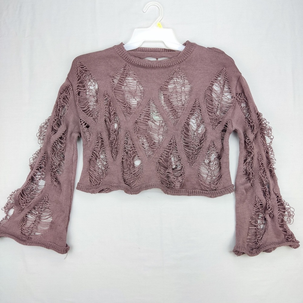VinseKep Sweater Womens Medium Mauve Distressed Cropped Diamond Knit Bell Sleeve